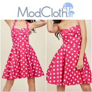 Pink Polka Dot Halter A-line Swing Dress